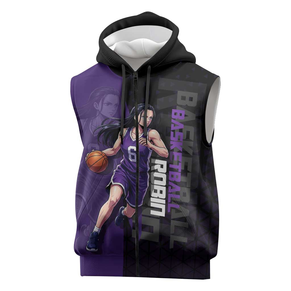Nico Robin One Piece Basketball Theme Purple and Black Design Sleeveless Zip Hoodie with Action Pose and Crew Emblem - The Mazicc