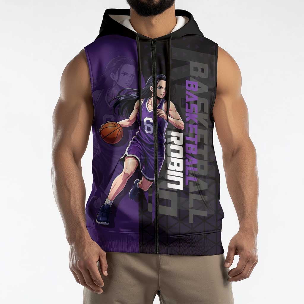 Nico Robin One Piece Basketball Theme Purple and Black Design Sleeveless Zip Hoodie with Action Pose and Crew Emblem - The Mazicc