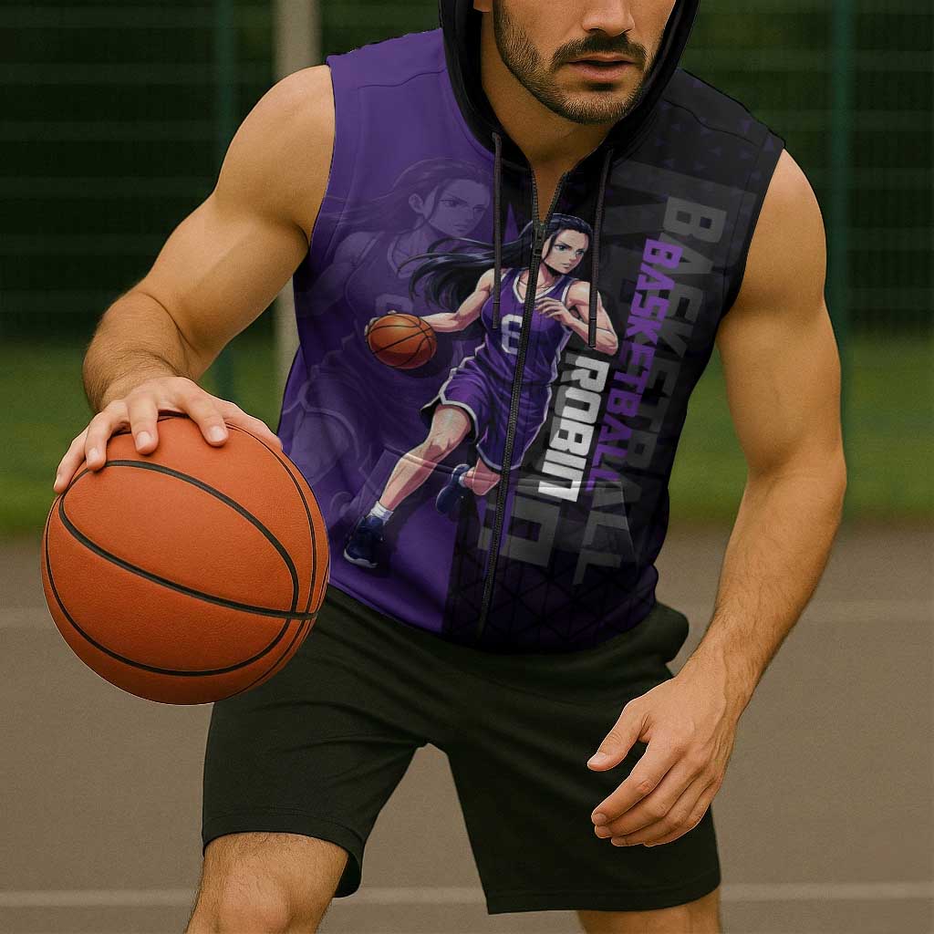 Nico Robin One Piece Basketball Theme Purple and Black Design Sleeveless Zip Hoodie with Action Pose and Crew Emblem - The Mazicc