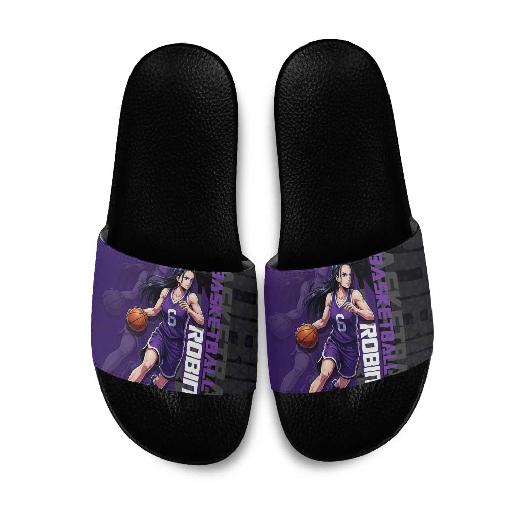 Nico Robin One Piece Basketball Theme Purple and Black Design Slide Sandals with Action Pose and Crew Emblem - The Mazicc