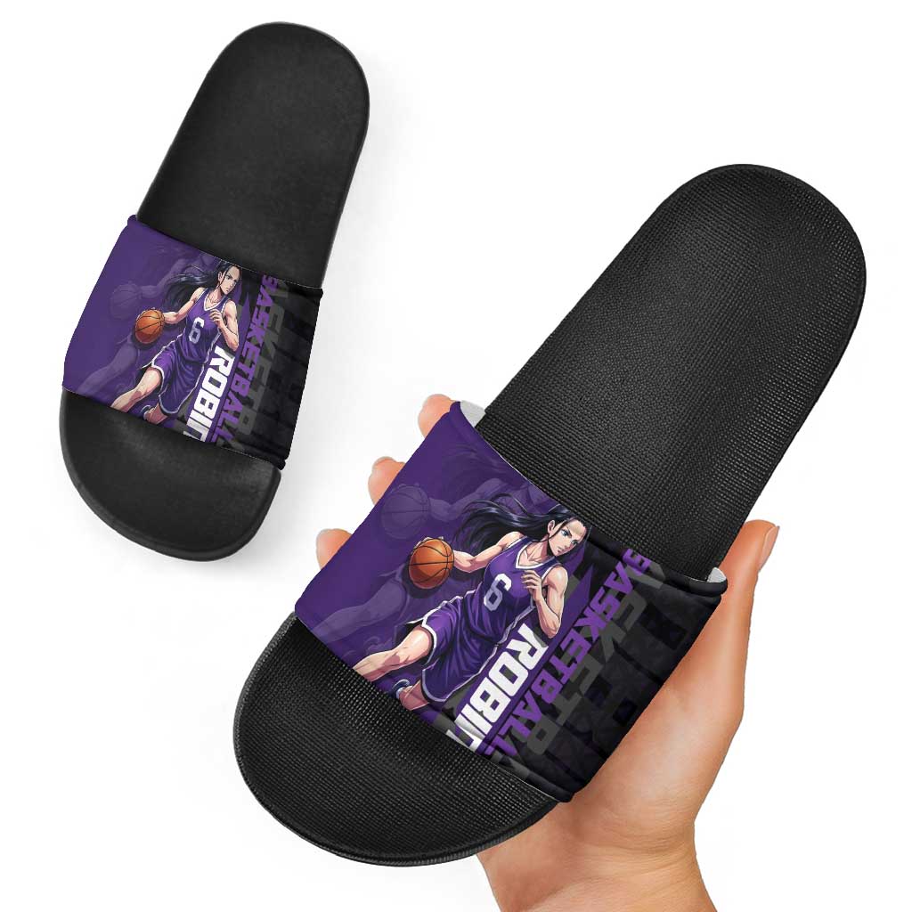 Nico Robin One Piece Basketball Theme Purple and Black Design Slide Sandals with Action Pose and Crew Emblem - The Mazicc