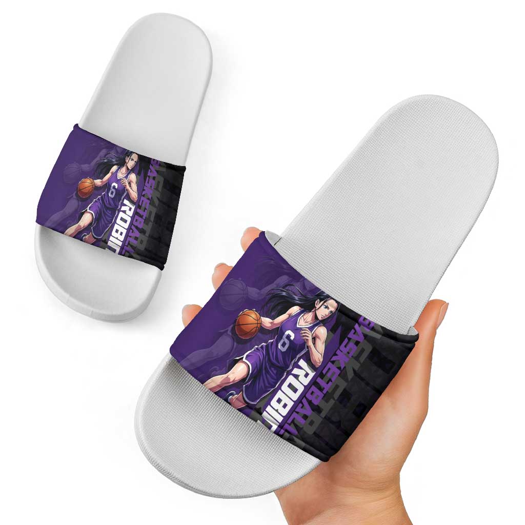 Nico Robin One Piece Basketball Theme Purple and Black Design Slide Sandals with Action Pose and Crew Emblem - The Mazicc