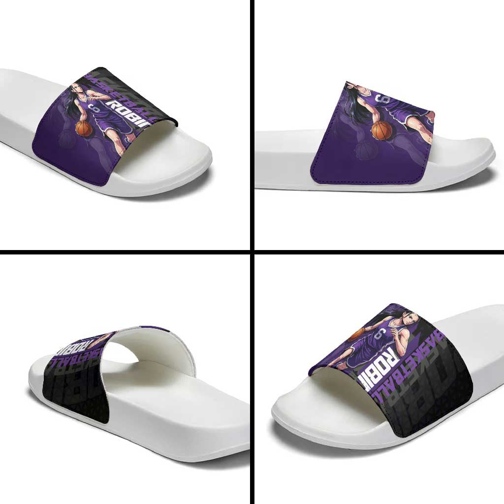 Nico Robin One Piece Basketball Theme Purple and Black Design Slide Sandals with Action Pose and Crew Emblem - The Mazicc
