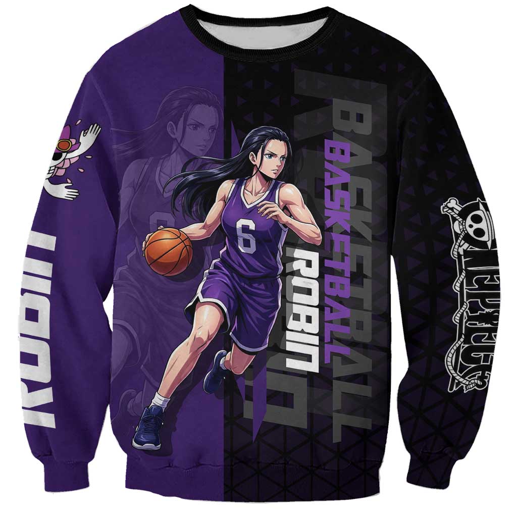 Nico Robin One Piece Basketball Theme Purple and Black Design Sweatshirt with Action Pose and Crew Emblem - The Mazicc