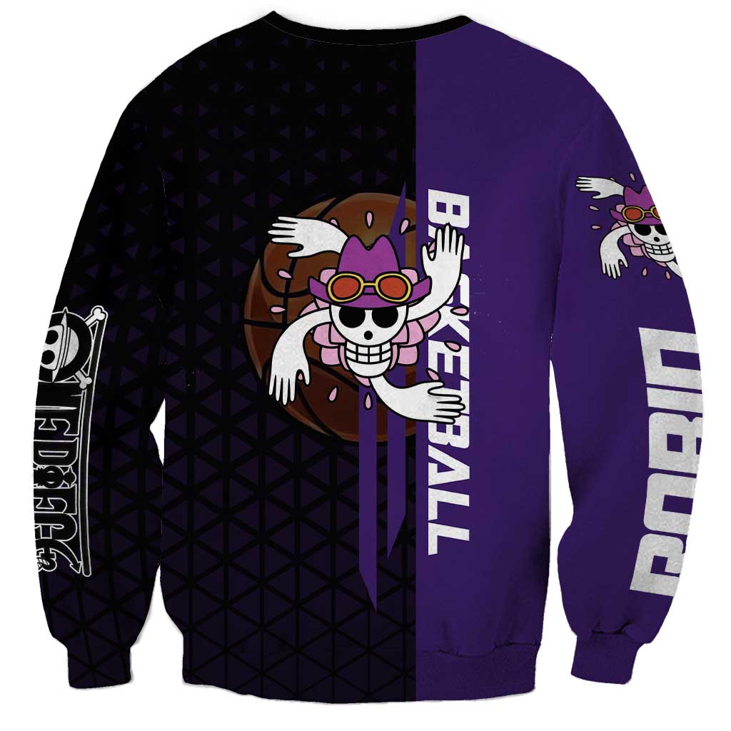 Nico Robin One Piece Basketball Theme Purple and Black Design Sweatshirt with Action Pose and Crew Emblem - The Mazicc