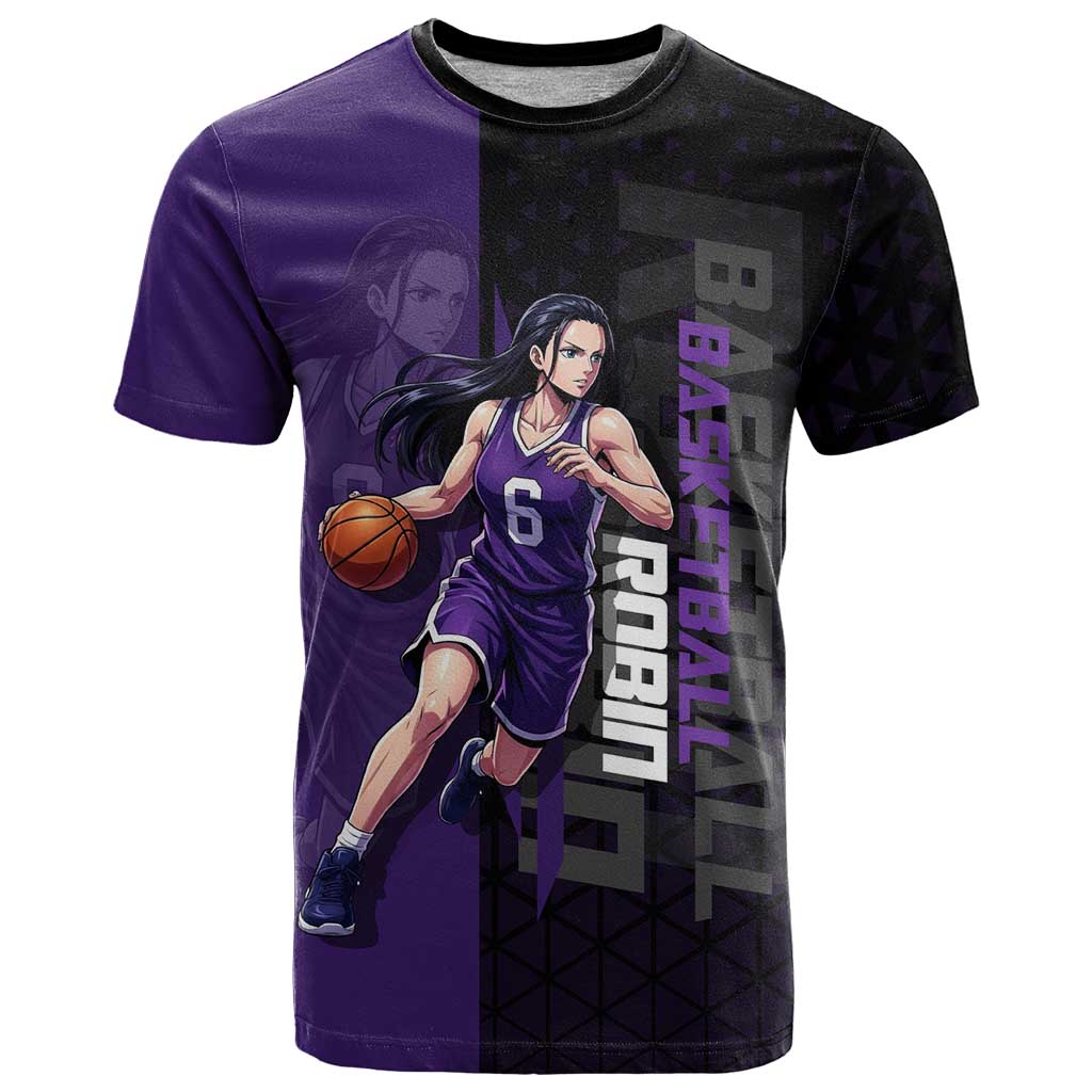 Nico Robin One Piece Basketball Theme Purple and Black Design T Shirt with Action Pose and Crew Emblem - The Mazicc