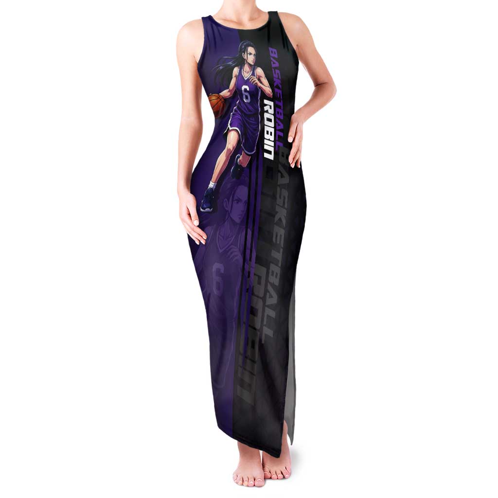 Nico Robin One Piece Basketball Theme Purple and Black Design Tank Maxi Dress with Action Pose and Crew Emblem - The Mazicc