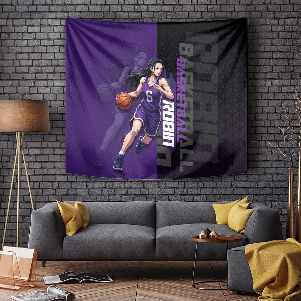 Nico Robin One Piece Basketball Theme Purple and Black Design Tapestry with Action Pose and Crew Emblem - The Mazicc