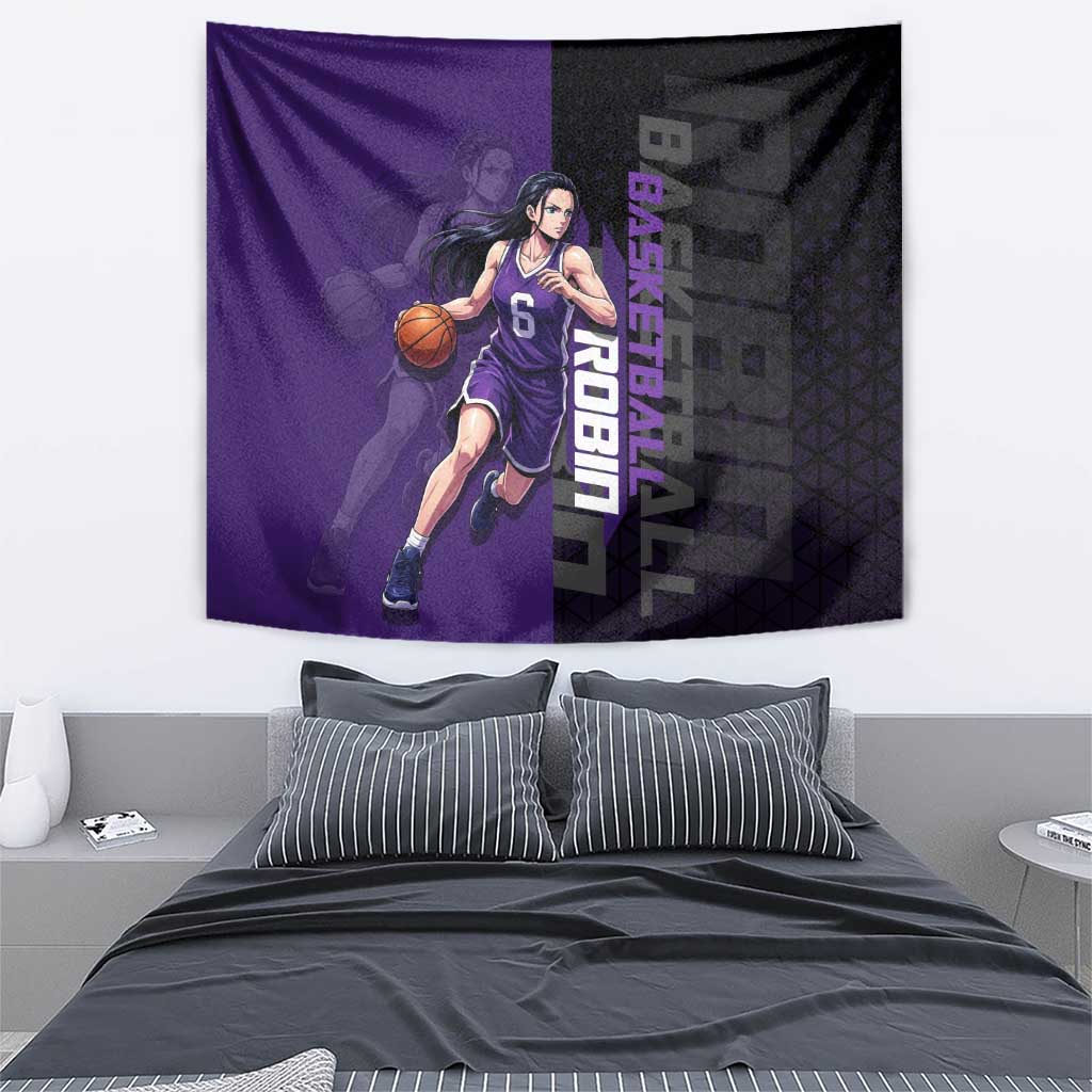 Nico Robin One Piece Basketball Theme Purple and Black Design Tapestry with Action Pose and Crew Emblem - The Mazicc