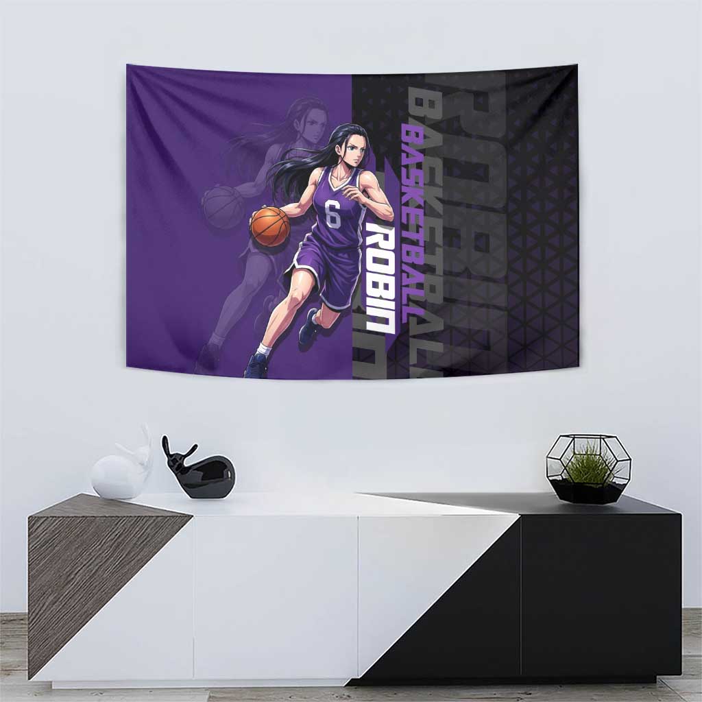Nico Robin One Piece Basketball Theme Purple and Black Design Tapestry with Action Pose and Crew Emblem - The Mazicc
