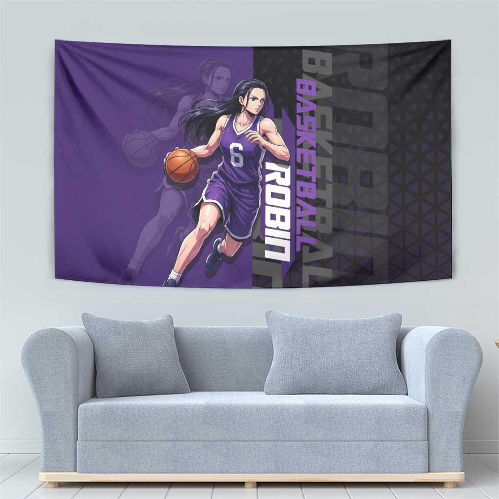 Nico Robin One Piece Basketball Theme Purple and Black Design Tapestry with Action Pose and Crew Emblem - The Mazicc