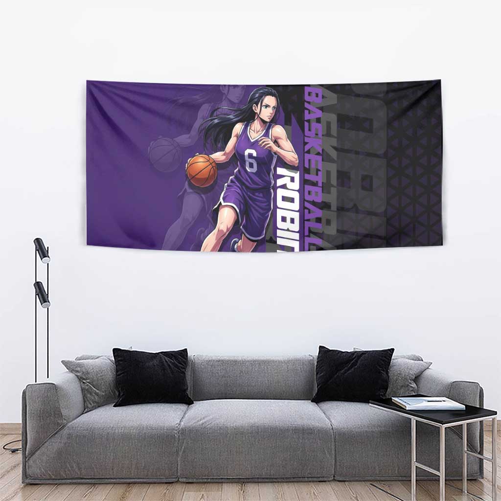 Nico Robin One Piece Basketball Theme Purple and Black Design Tapestry with Action Pose and Crew Emblem - The Mazicc