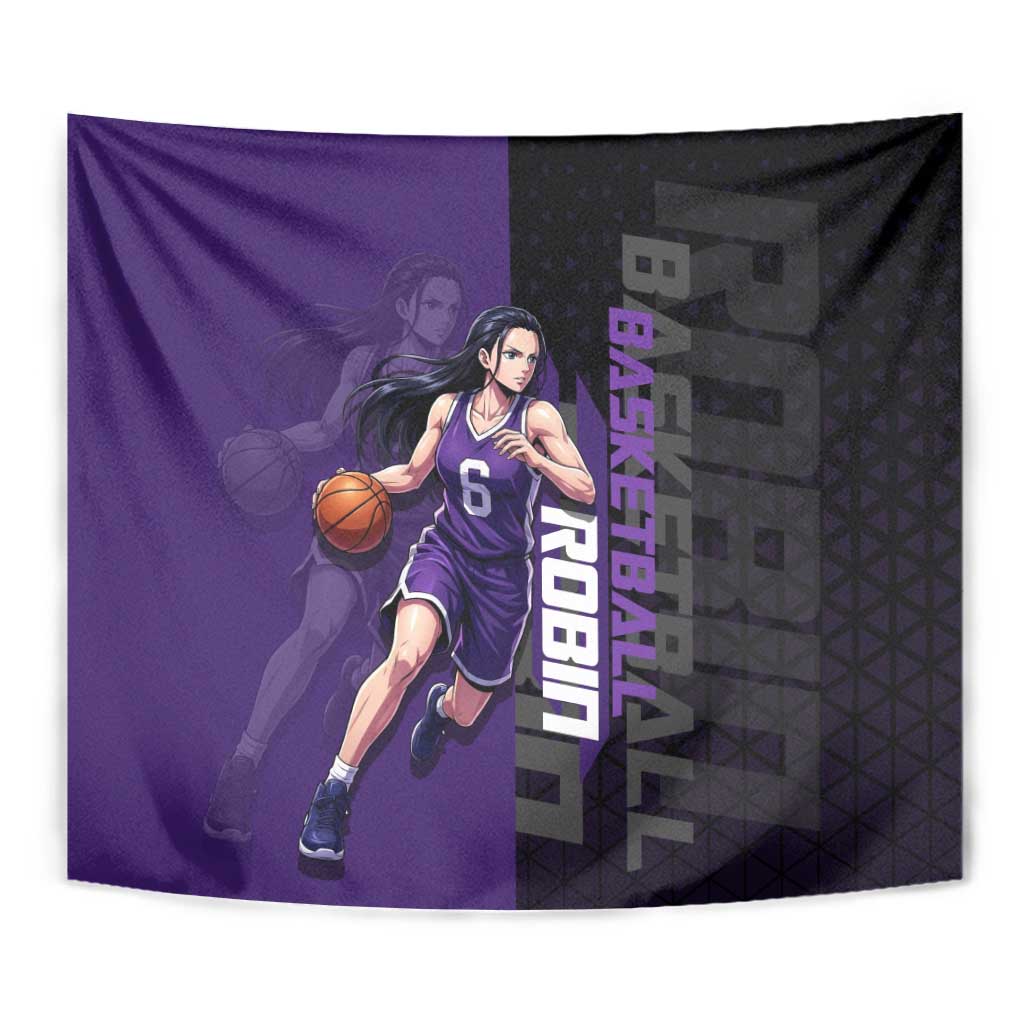Nico Robin One Piece Basketball Theme Purple and Black Design Tapestry with Action Pose and Crew Emblem - The Mazicc