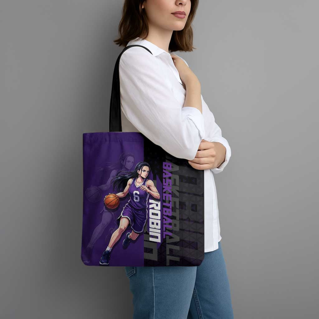 Nico Robin One Piece Basketball Theme Purple and Black Design Tote Bag with Action Pose and Crew Emblem - The Mazicc