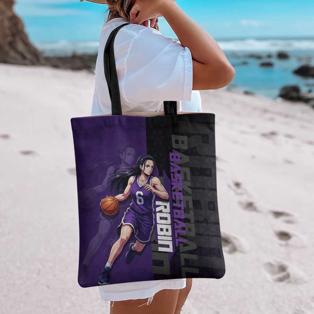 Nico Robin One Piece Basketball Theme Purple and Black Design Tote Bag with Action Pose and Crew Emblem - The Mazicc