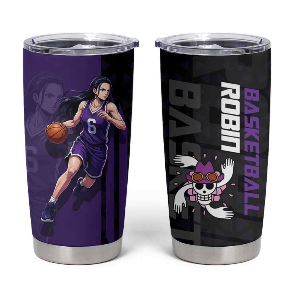 Nico Robin One Piece Basketball Theme Purple and Black Design Tumbler Cup with Action Pose and Crew Emblem - The Mazicc