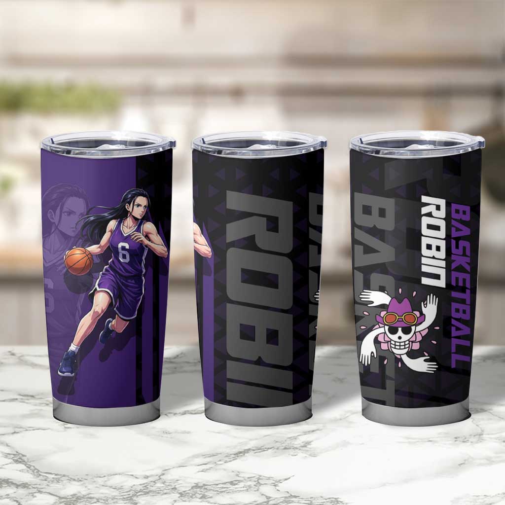 Nico Robin One Piece Basketball Theme Purple and Black Design Tumbler Cup with Action Pose and Crew Emblem - The Mazicc