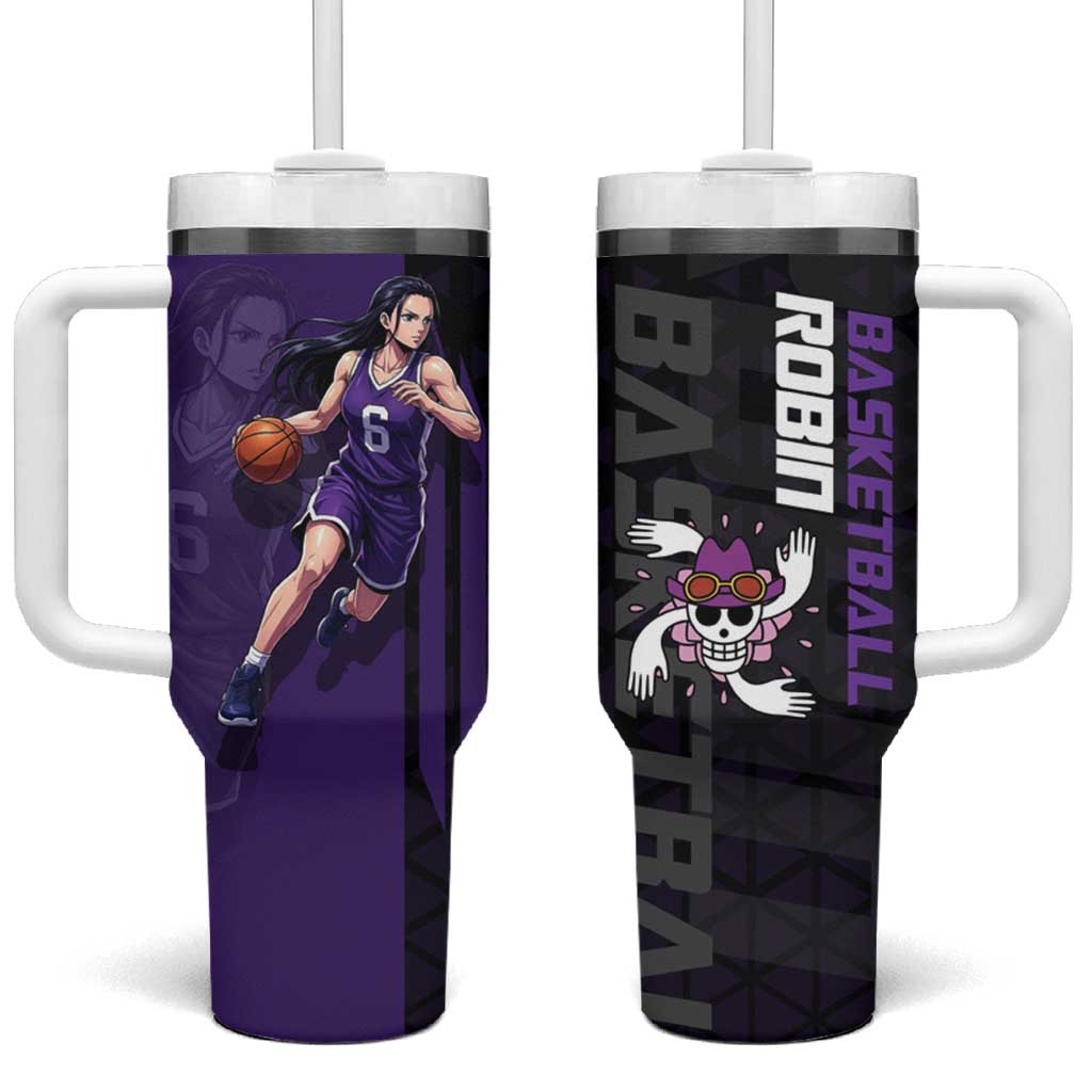 Nico Robin One Piece Basketball Theme Purple and Black Design Tumbler With Handle with Action Pose and Crew Emblem - The Mazicc
