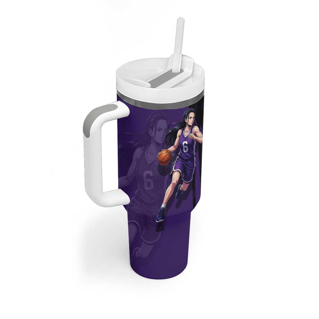 Nico Robin One Piece Basketball Theme Purple and Black Design Tumbler With Handle with Action Pose and Crew Emblem - The Mazicc