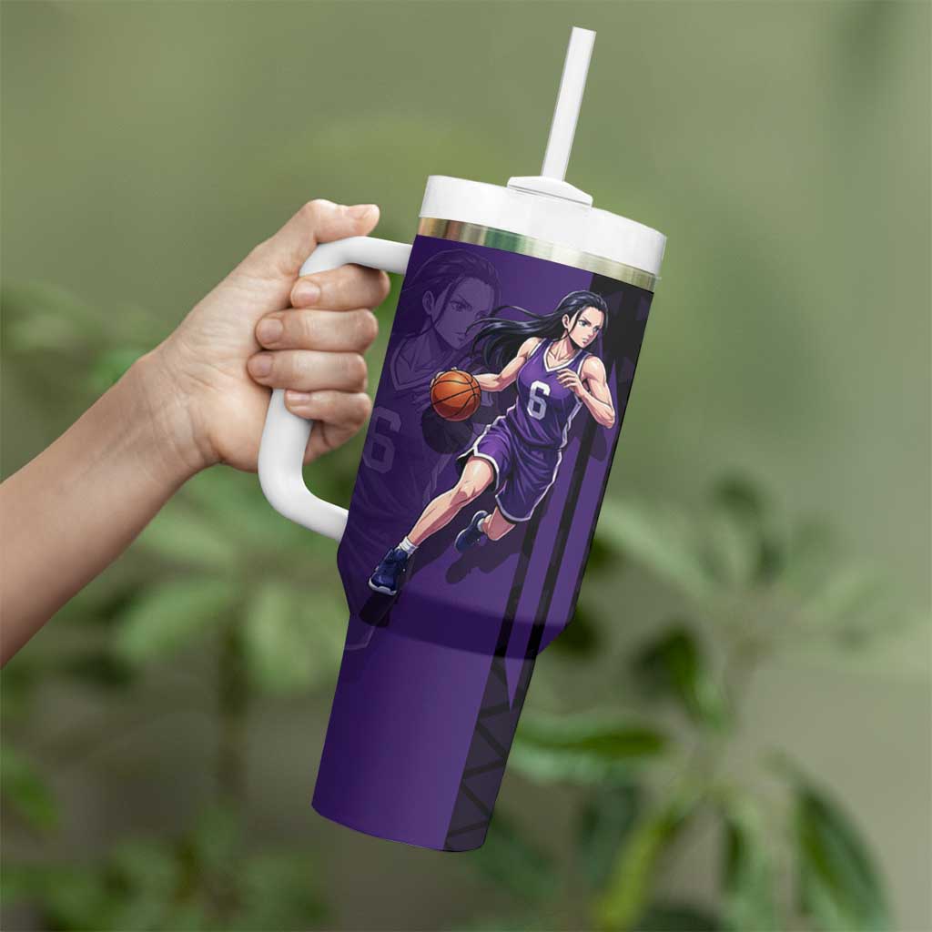 Nico Robin One Piece Basketball Theme Purple and Black Design Tumbler With Handle with Action Pose and Crew Emblem - The Mazicc