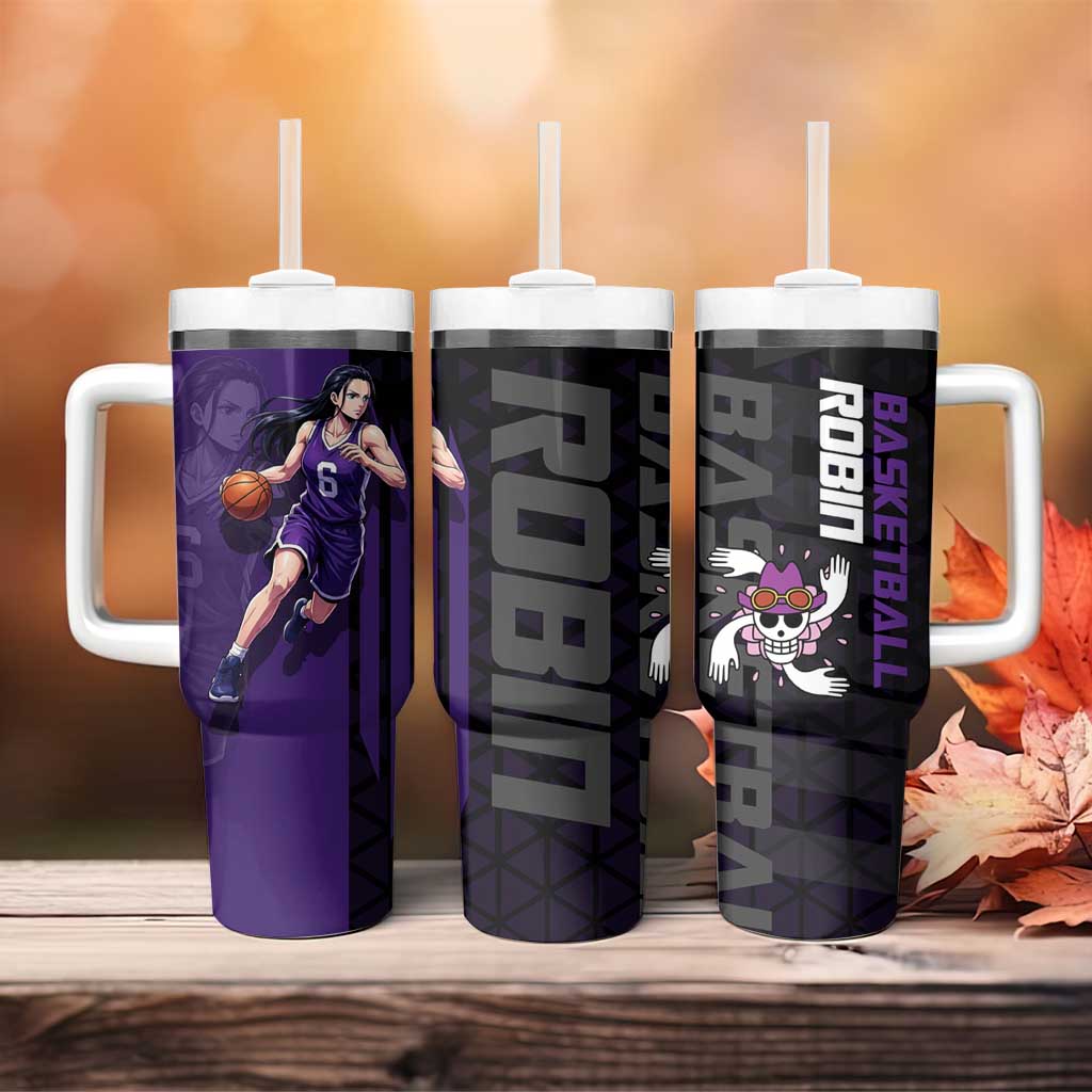 Nico Robin One Piece Basketball Theme Purple and Black Design Tumbler With Handle with Action Pose and Crew Emblem - The Mazicc
