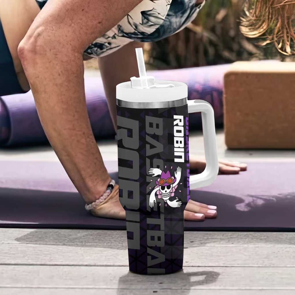 Nico Robin One Piece Basketball Theme Purple and Black Design Tumbler With Handle with Action Pose and Crew Emblem - The Mazicc