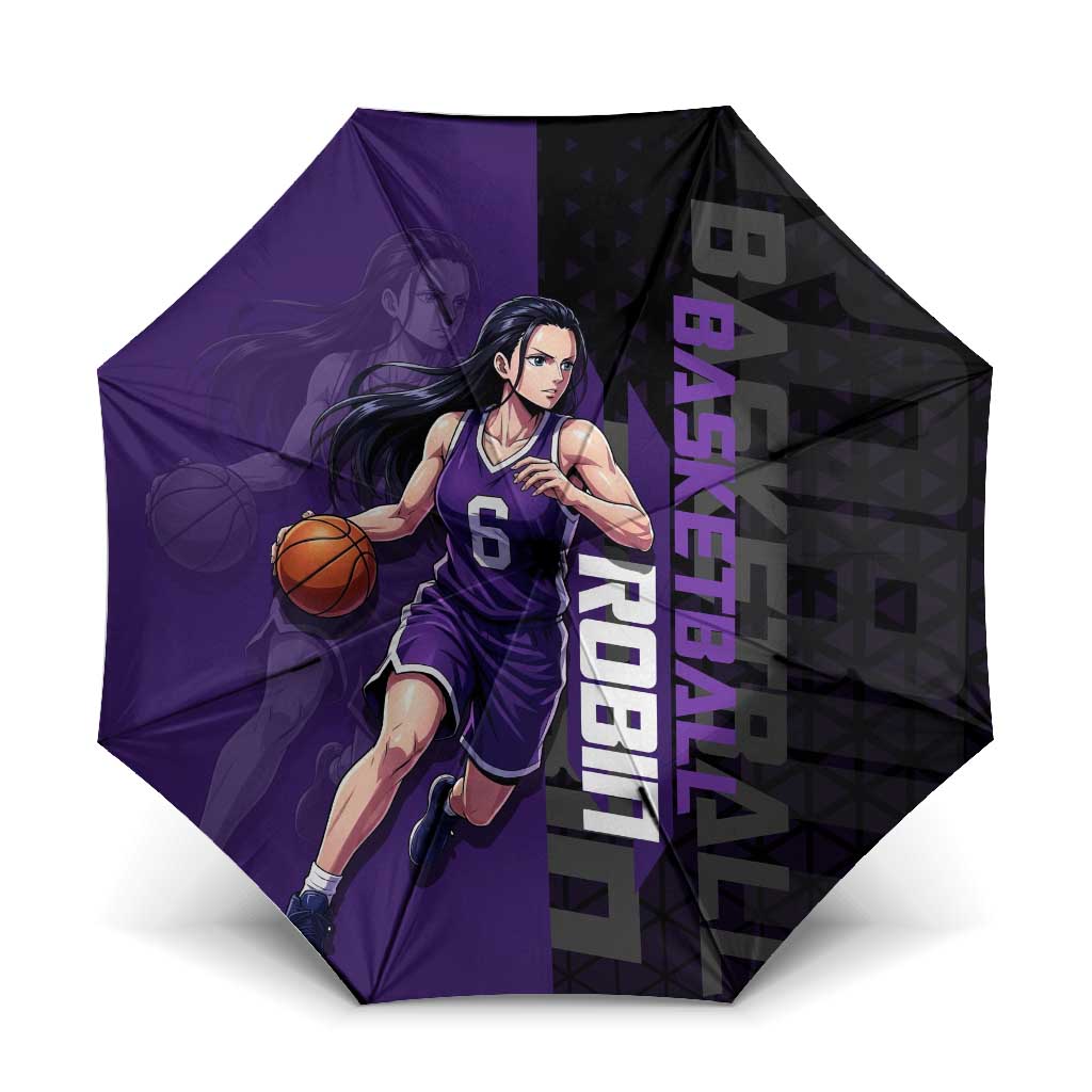 Nico Robin One Piece Basketball Theme Purple and Black Design Umbrella with Action Pose and Crew Emblem - The Mazicc