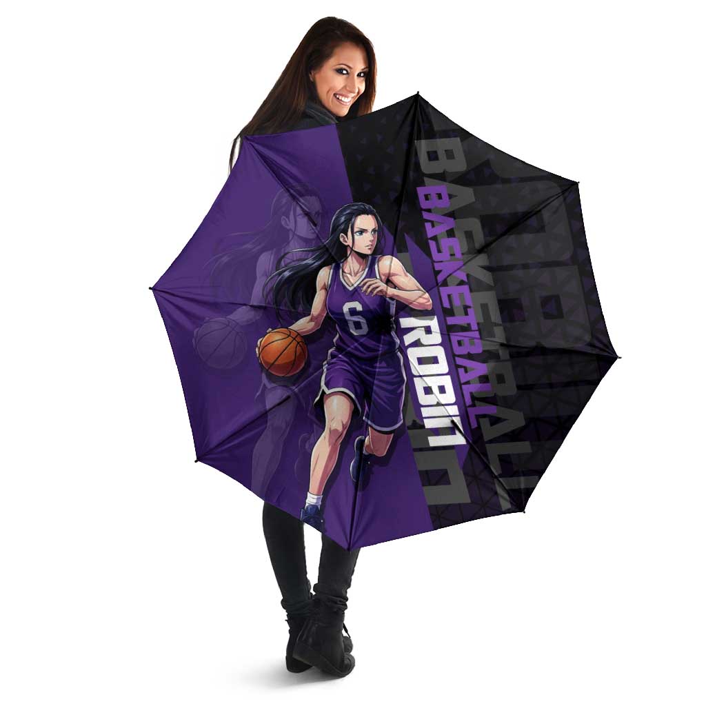 Nico Robin One Piece Basketball Theme Purple and Black Design Umbrella with Action Pose and Crew Emblem - The Mazicc