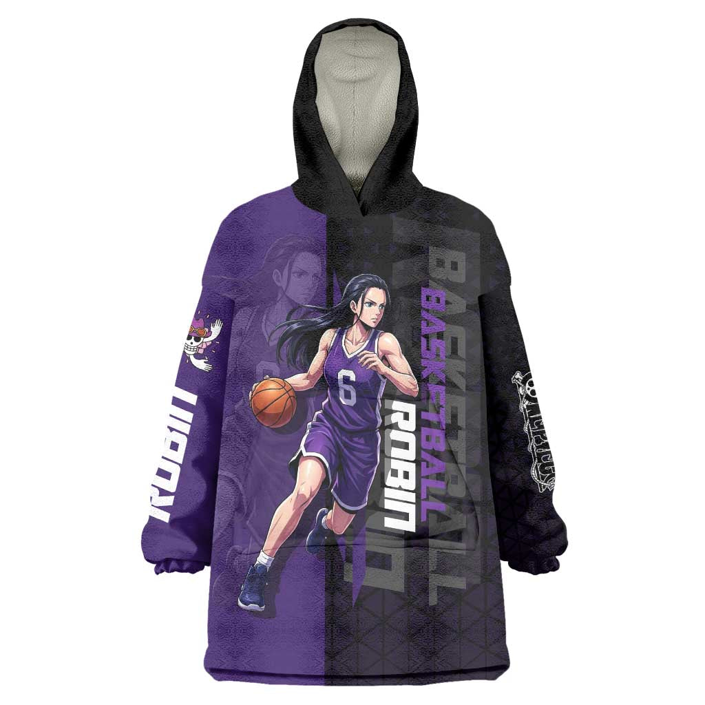Nico Robin One Piece Basketball Theme Purple and Black Design Wearable Blanket Hoodie with Action Pose and Crew Emblem - The Mazicc