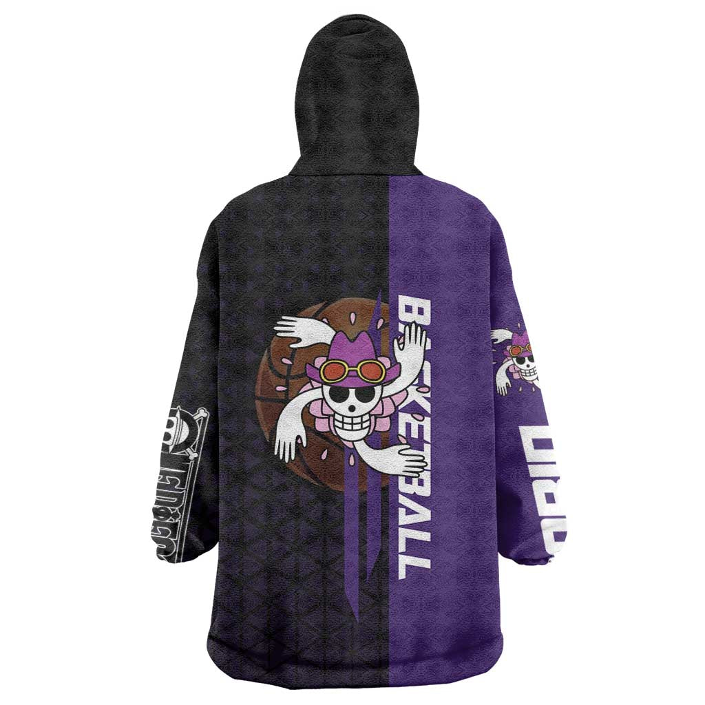 Nico Robin One Piece Basketball Theme Purple and Black Design Wearable Blanket Hoodie with Action Pose and Crew Emblem - The Mazicc