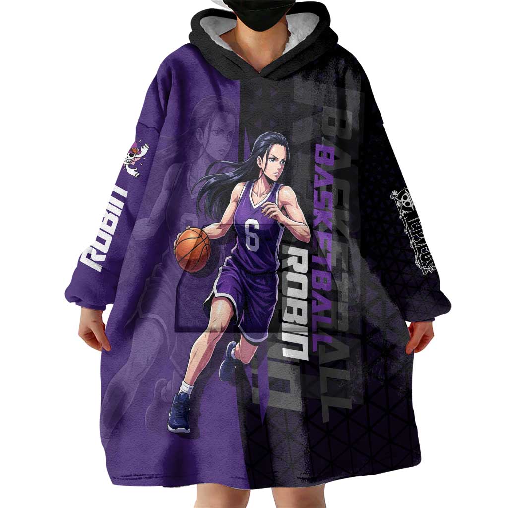 Nico Robin One Piece Basketball Theme Purple and Black Design Wearable Blanket Hoodie with Action Pose and Crew Emblem - The Mazicc