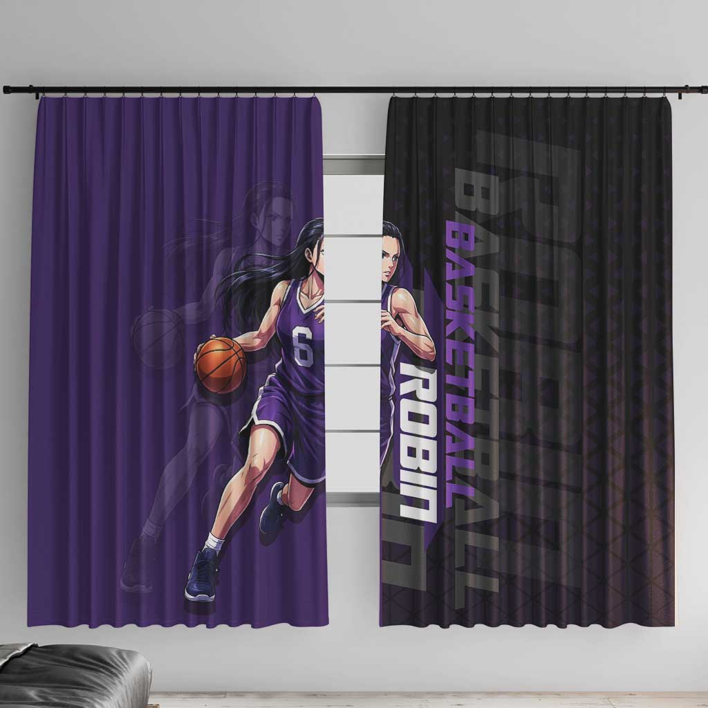 Nico Robin One Piece Basketball Theme Purple and Black Design Window Curtain with Action Pose and Crew Emblem - The Mazicc