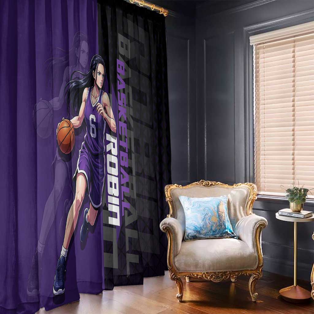 Nico Robin One Piece Basketball Theme Purple and Black Design Window Curtain with Action Pose and Crew Emblem - The Mazicc