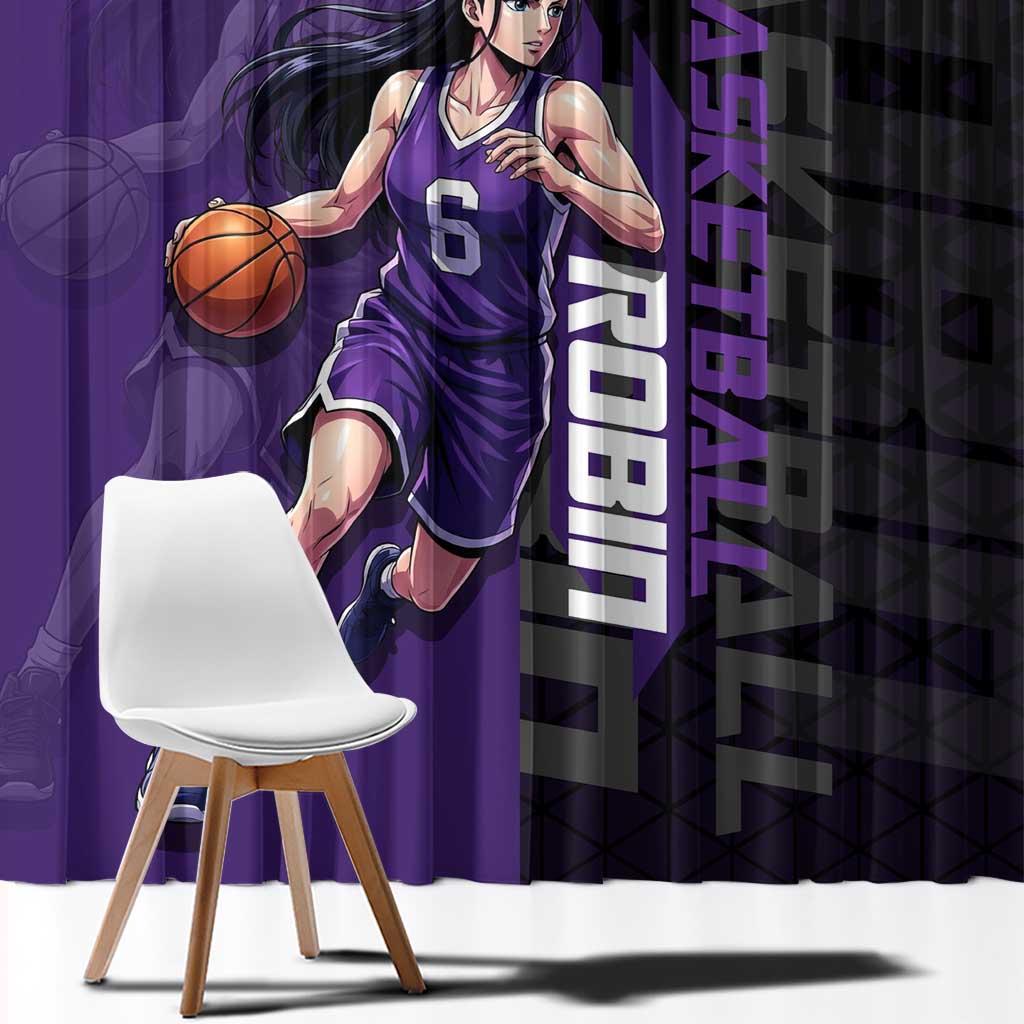 Nico Robin One Piece Basketball Theme Purple and Black Design Window Curtain with Action Pose and Crew Emblem - The Mazicc