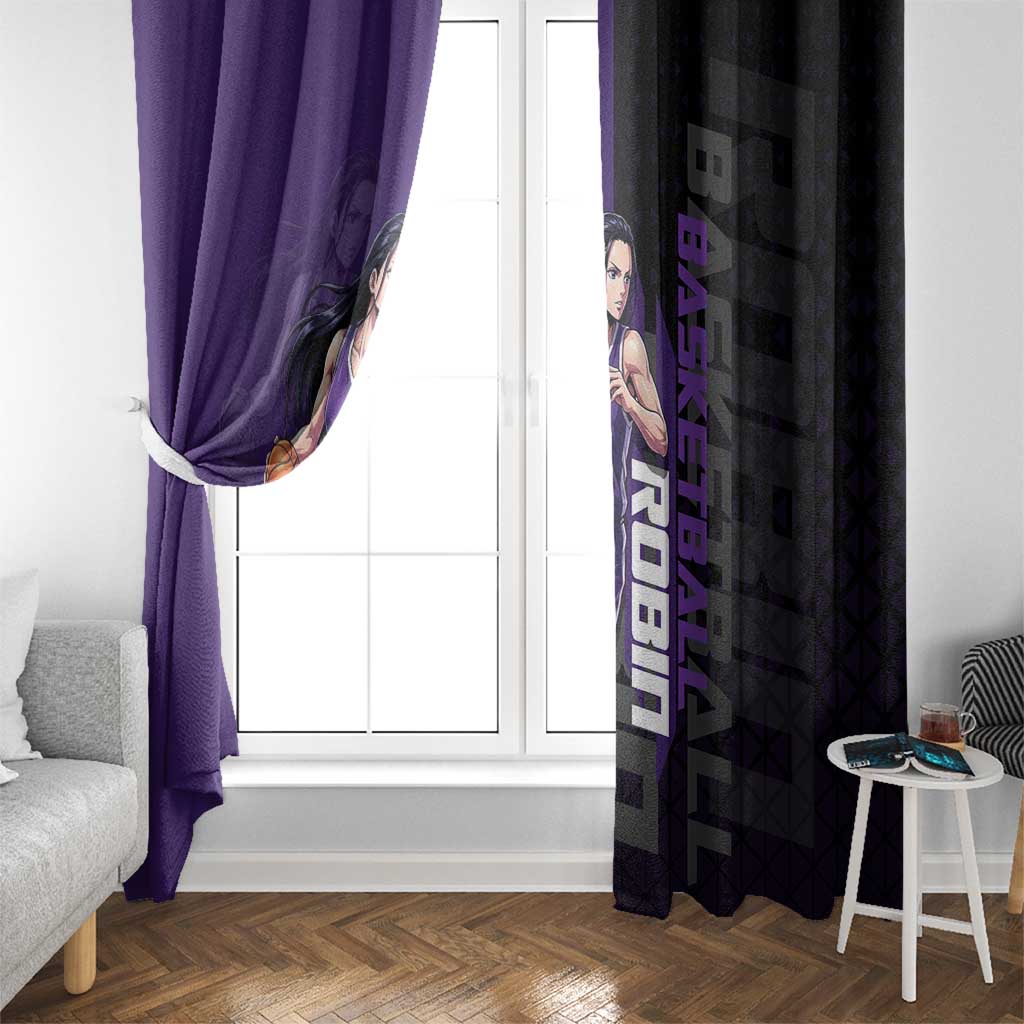 Nico Robin One Piece Basketball Theme Purple and Black Design Window Curtain with Action Pose and Crew Emblem - The Mazicc