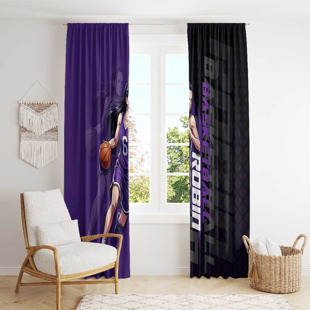 Nico Robin One Piece Basketball Theme Purple and Black Design Window Curtain with Action Pose and Crew Emblem - The Mazicc