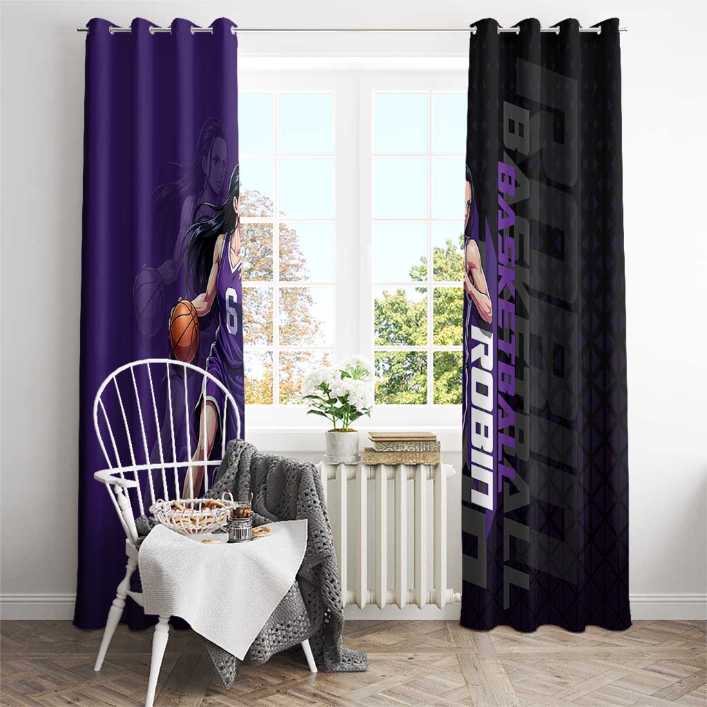 Nico Robin One Piece Basketball Theme Purple and Black Design Window Curtain with Action Pose and Crew Emblem - The Mazicc