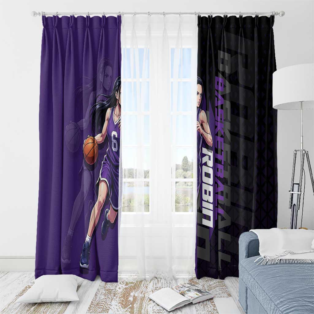 Nico Robin One Piece Basketball Theme Purple and Black Design Window Curtain with Action Pose and Crew Emblem - The Mazicc
