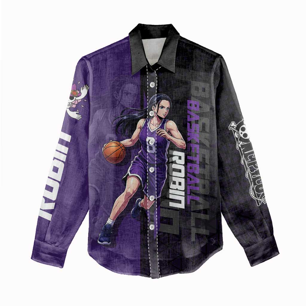 Nico Robin One Piece Basketball Theme Purple and Black Design Women Casual Shirt with Action Pose and Crew Emblem - The Mazicc