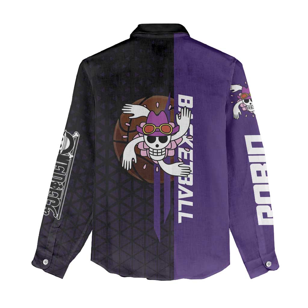 Nico Robin One Piece Basketball Theme Purple and Black Design Women Casual Shirt with Action Pose and Crew Emblem - The Mazicc