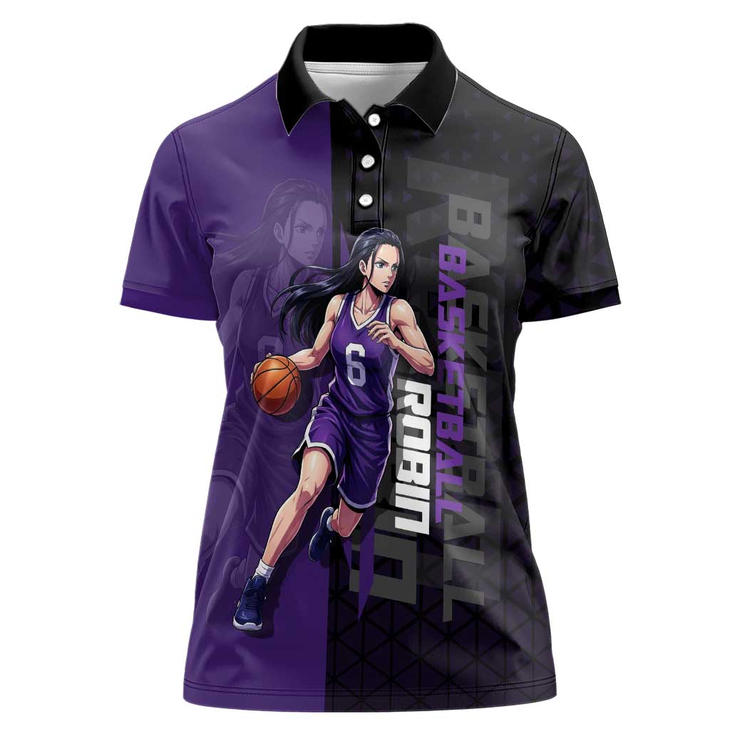 Nico Robin One Piece Basketball Theme Purple and Black Design Women Polo Shirt with Action Pose and Crew Emblem - The Mazicc