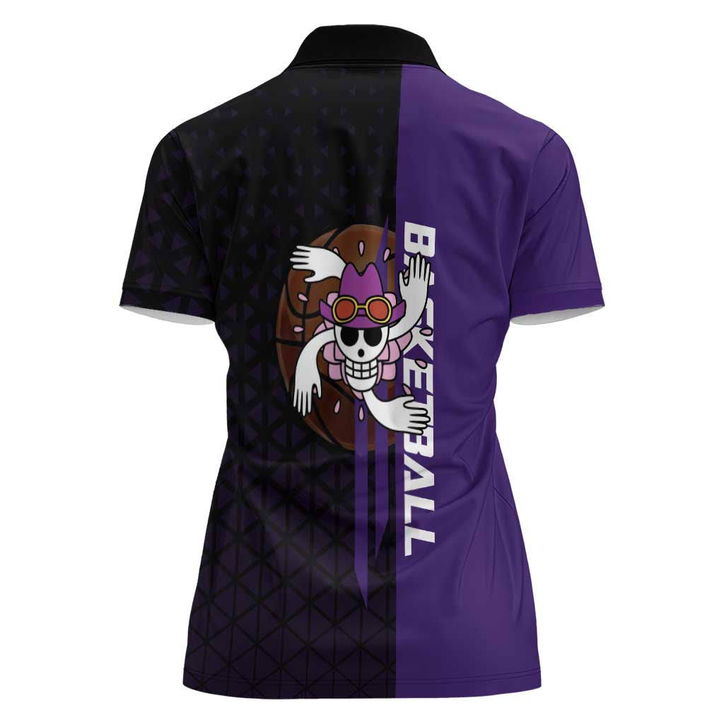 Nico Robin One Piece Basketball Theme Purple and Black Design Women Polo Shirt with Action Pose and Crew Emblem - The Mazicc