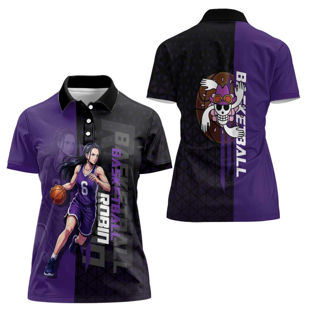 Nico Robin One Piece Basketball Theme Purple and Black Design Women Polo Shirt with Action Pose and Crew Emblem - The Mazicc