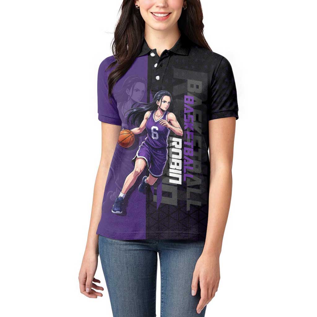 Nico Robin One Piece Basketball Theme Purple and Black Design Women Polo Shirt with Action Pose and Crew Emblem - The Mazicc