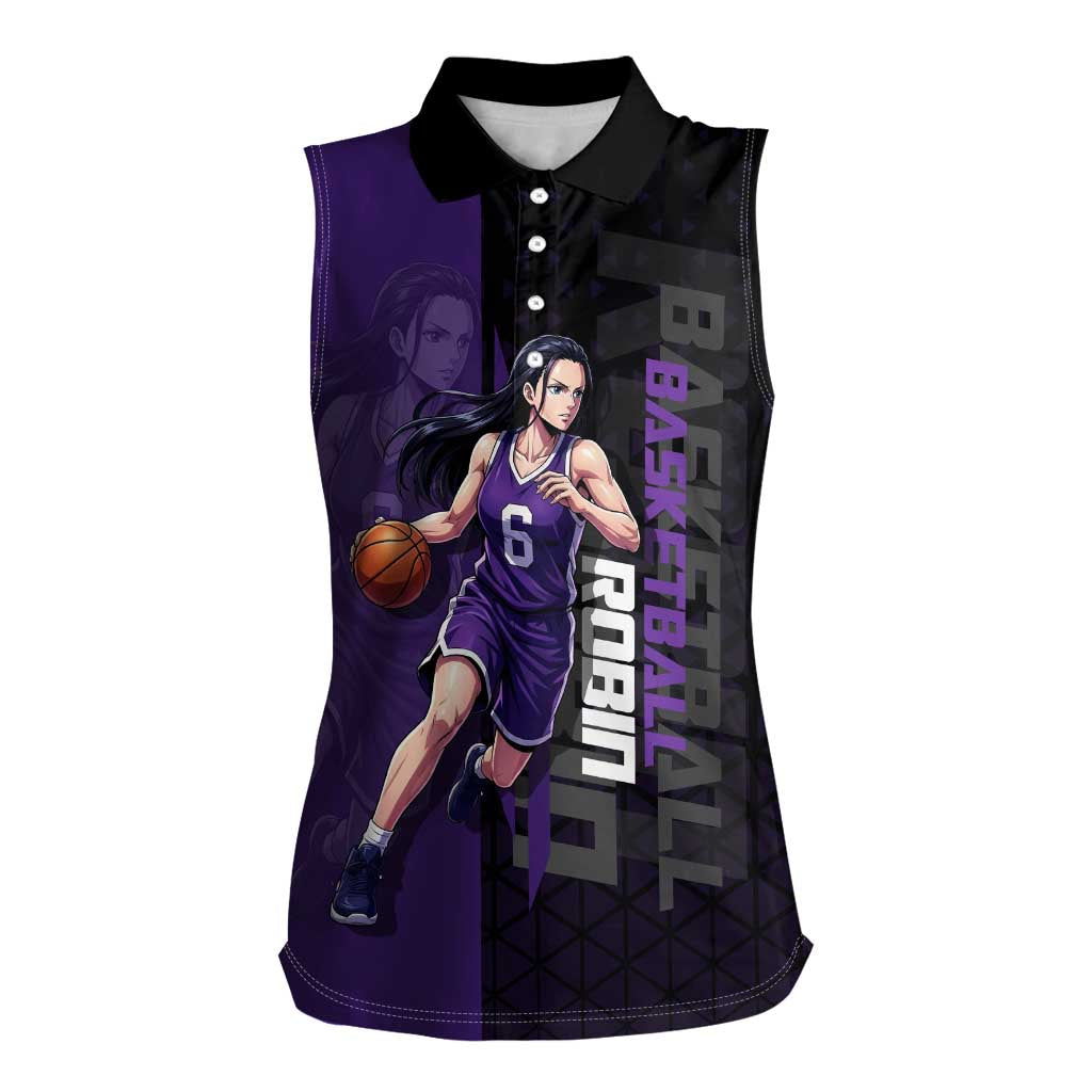 Nico Robin One Piece Basketball Theme Purple and Black Design Women Sleeveless Polo Shirt with Action Pose and Crew Emblem - The Mazicc