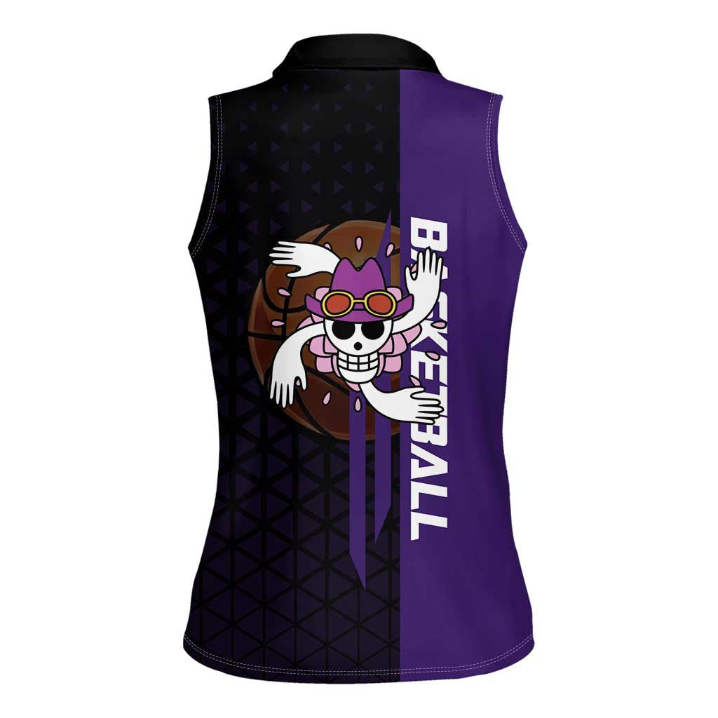 Nico Robin One Piece Basketball Theme Purple and Black Design Women Sleeveless Polo Shirt with Action Pose and Crew Emblem - The Mazicc