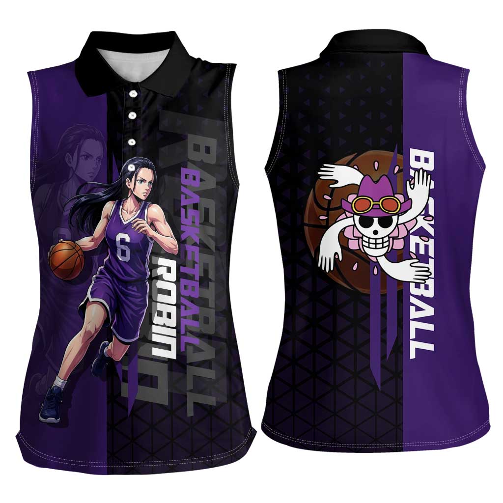Nico Robin One Piece Basketball Theme Purple and Black Design Women Sleeveless Polo Shirt with Action Pose and Crew Emblem - The Mazicc