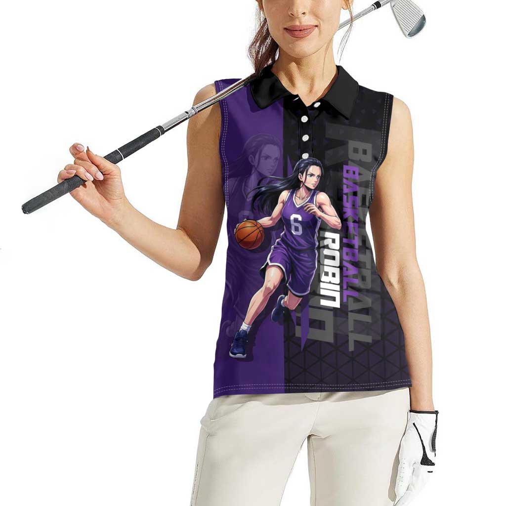 Nico Robin One Piece Basketball Theme Purple and Black Design Women Sleeveless Polo Shirt with Action Pose and Crew Emblem - The Mazicc