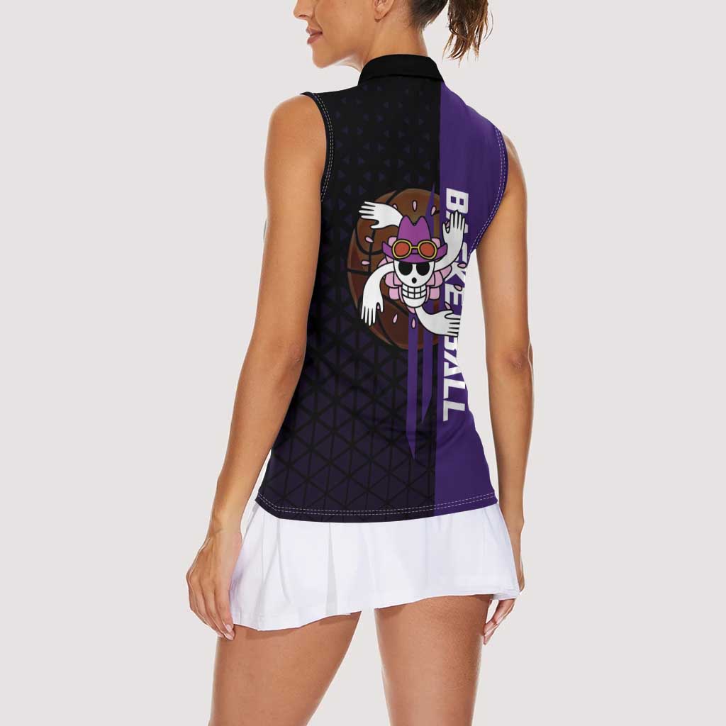 Nico Robin One Piece Basketball Theme Purple and Black Design Women Sleeveless Polo Shirt with Action Pose and Crew Emblem - The Mazicc
