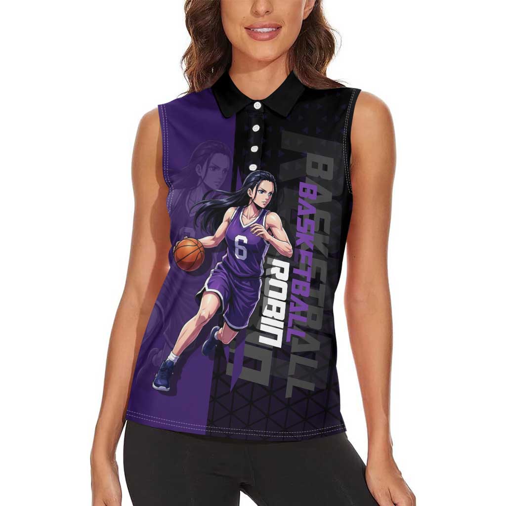 Nico Robin One Piece Basketball Theme Purple and Black Design Women Sleeveless Polo Shirt with Action Pose and Crew Emblem - The Mazicc